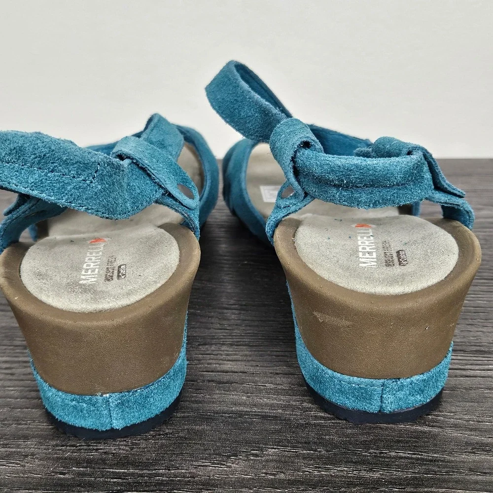 Merrell Womens Sz 8 Revalli Cross Dragonfly Blue Suede Wedge Sandals J22000
